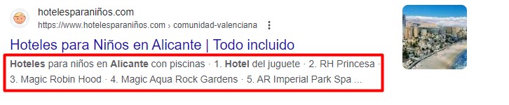 Ejemplo de meta description en la página de un hotel