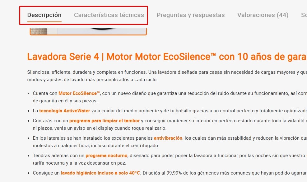 Información de características de un producto