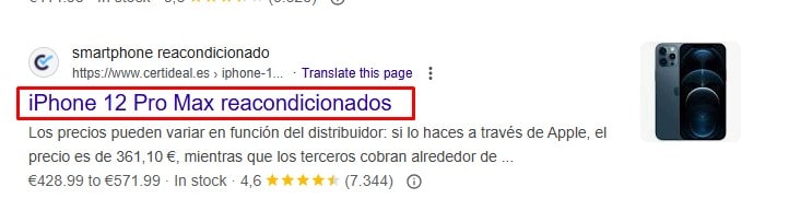 Ejemplo de visualización del título de un producto