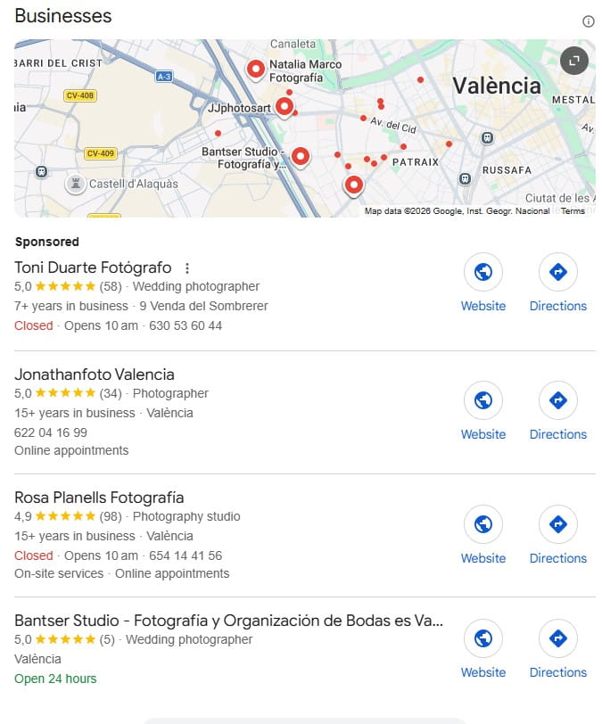 Mapa de empresas locales de fotografía
