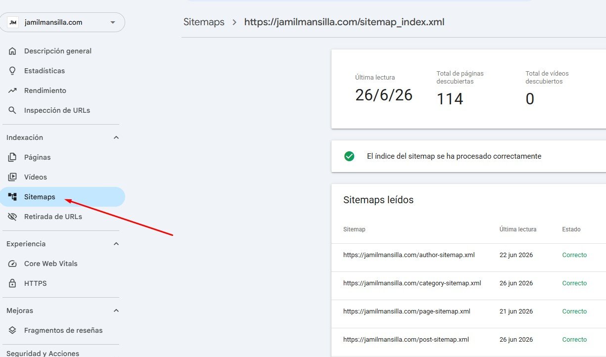 Google Search Console sección Sitemaps con datos de indexación