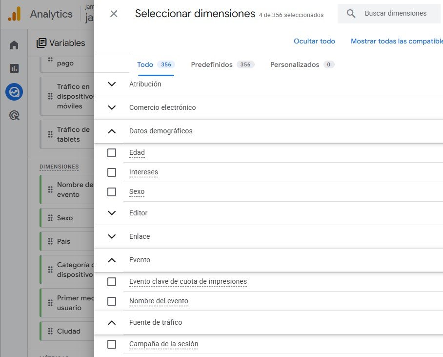 Listado de dimensiones disponibles en Google Analytics 4