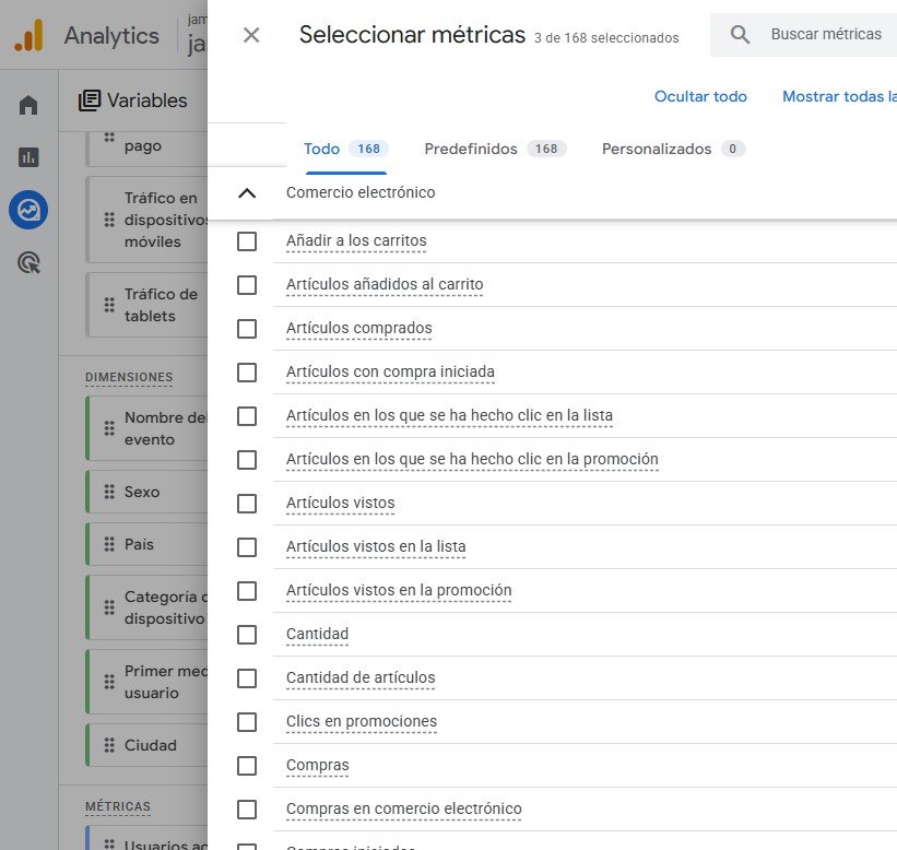 Listado de métricas disponibles en Google Analytics 4