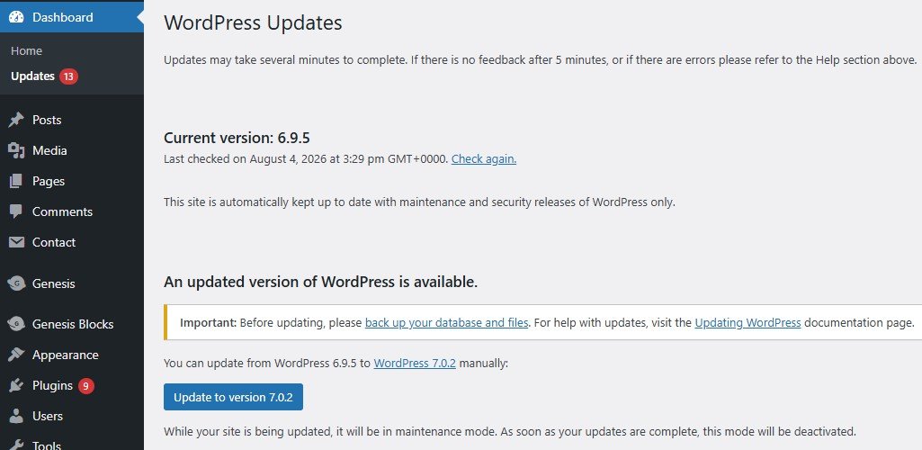 Sección de actualizaciones del escritorio de WordPress