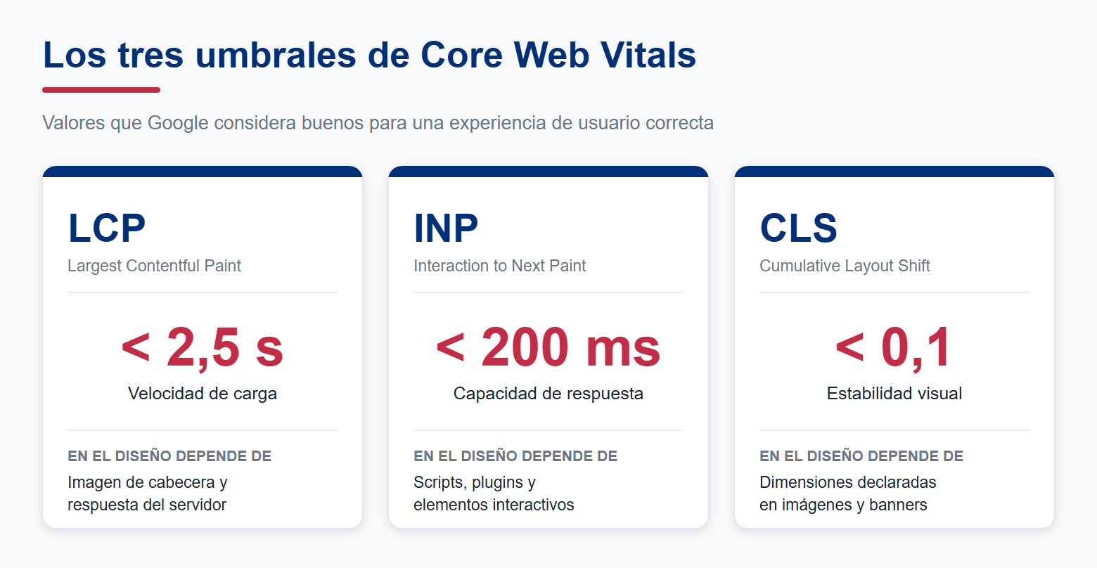 Umbrales de LCP, INP y CLS en Core Web Vitals