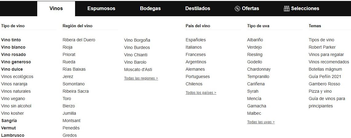 Menú de categorías de un ecommerce de vino
