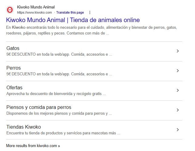 Sitelinks de una tienda online en los resultados de Google