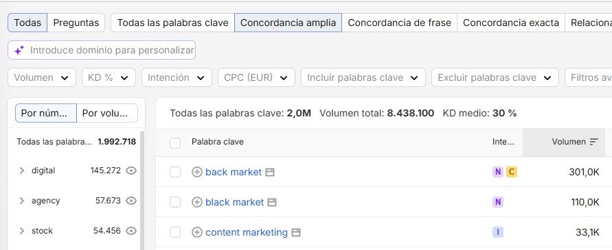 Palabras clave agrupadas por temas en Keyword Magic Tool