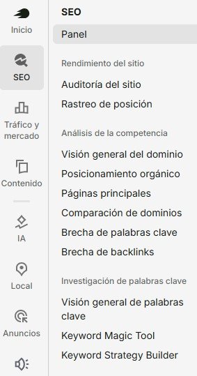 Menú de herramientas de Semrush organizado por toolkits