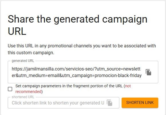 URL de campaña generada con parámetros UTM