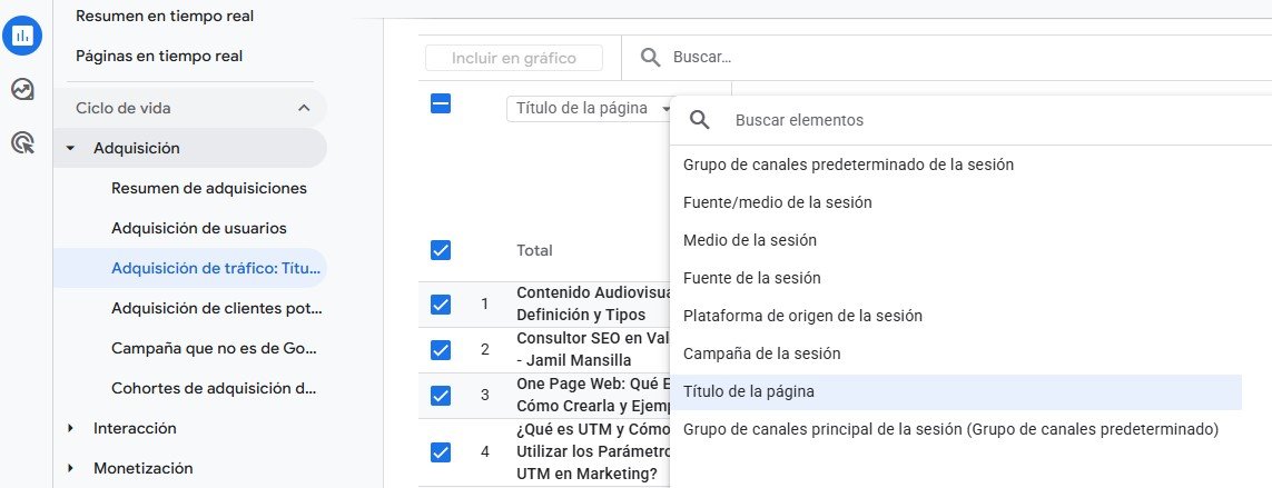 Informe de adquisición de tráfico en GA4 con dimensiones de sesión